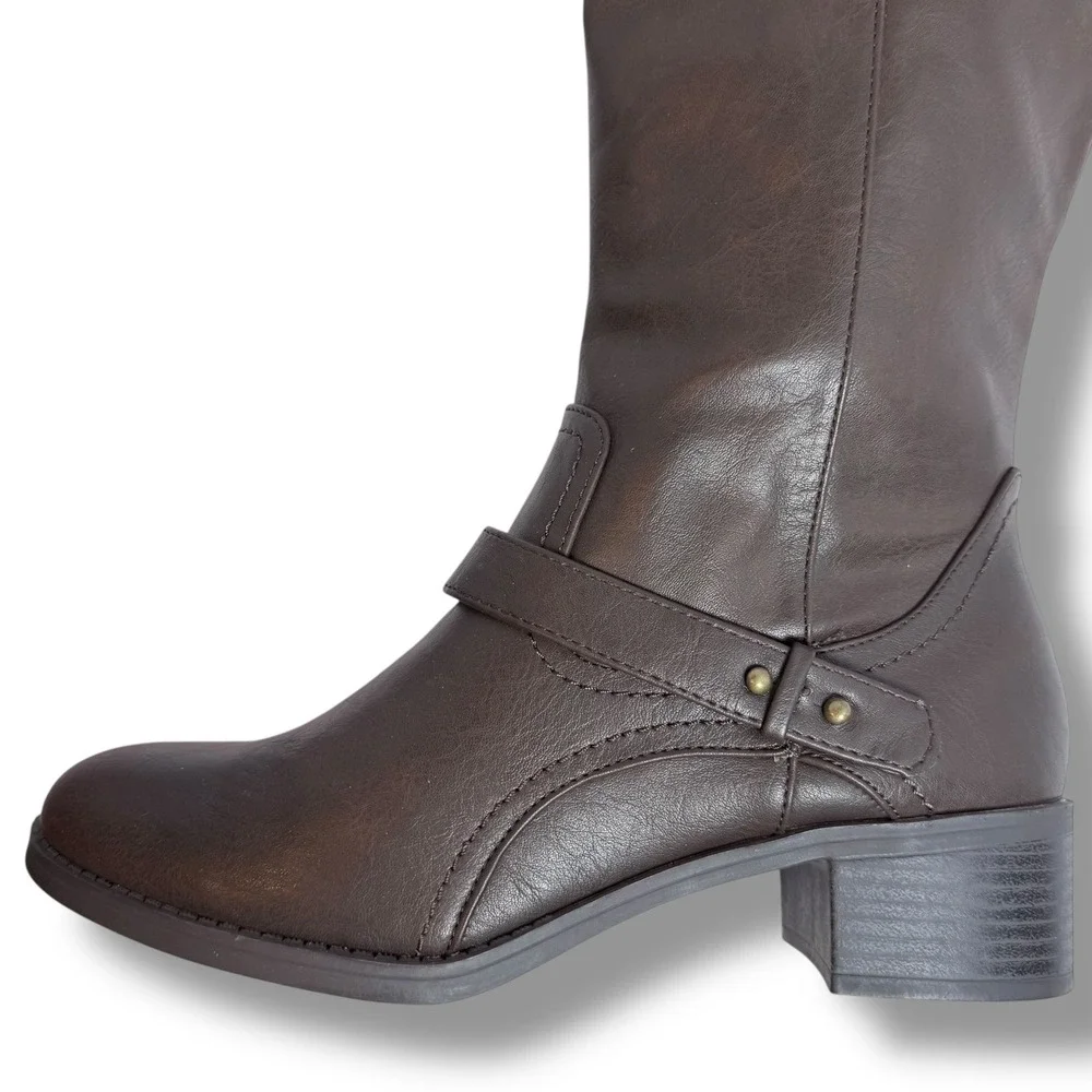 Easy Street Jewel Knee High Boots Womens Sz 8.5M Brown Strap Detail Side Zip NEW